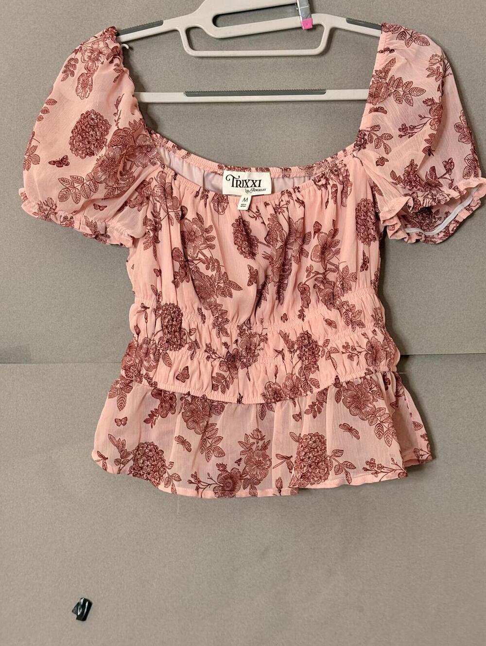 Trixxi Los Angeles Pink Floral Puff Sleeve Peplum Top Size M